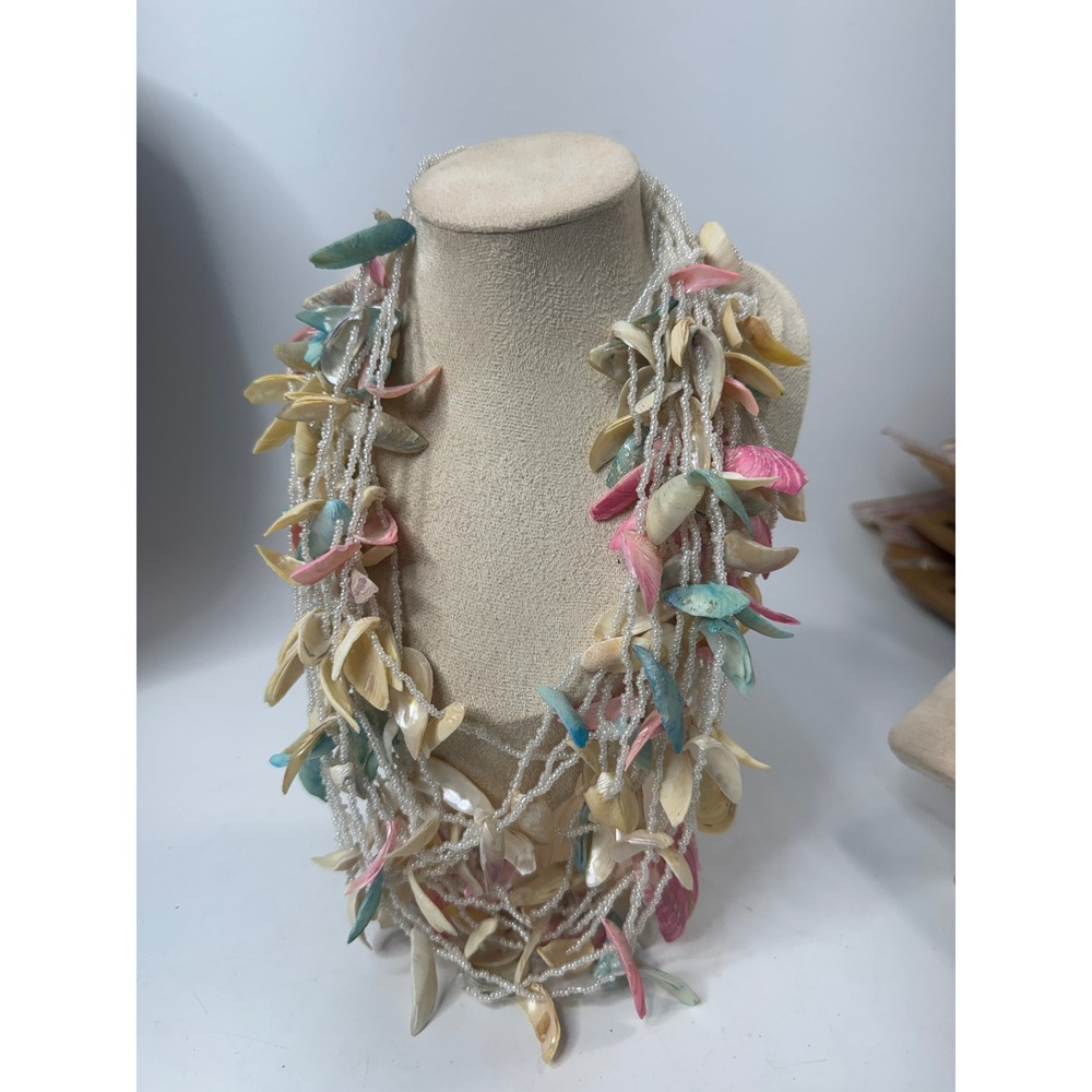 Boho Multi Strand Sea Shell Seed Bead Statement Necklace Pink Turquoise 21.5in